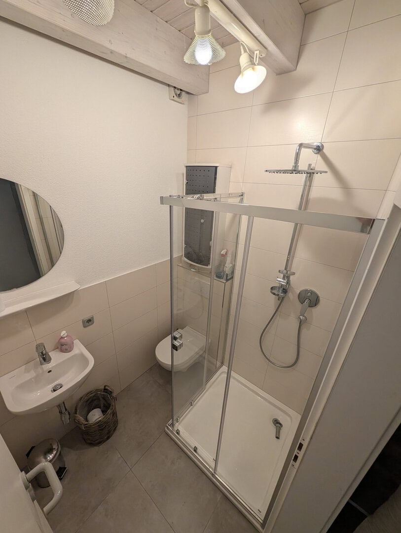 Kleines Badezimmer im Thiemer Ferienhaus mit Dusche und Waschbecken.